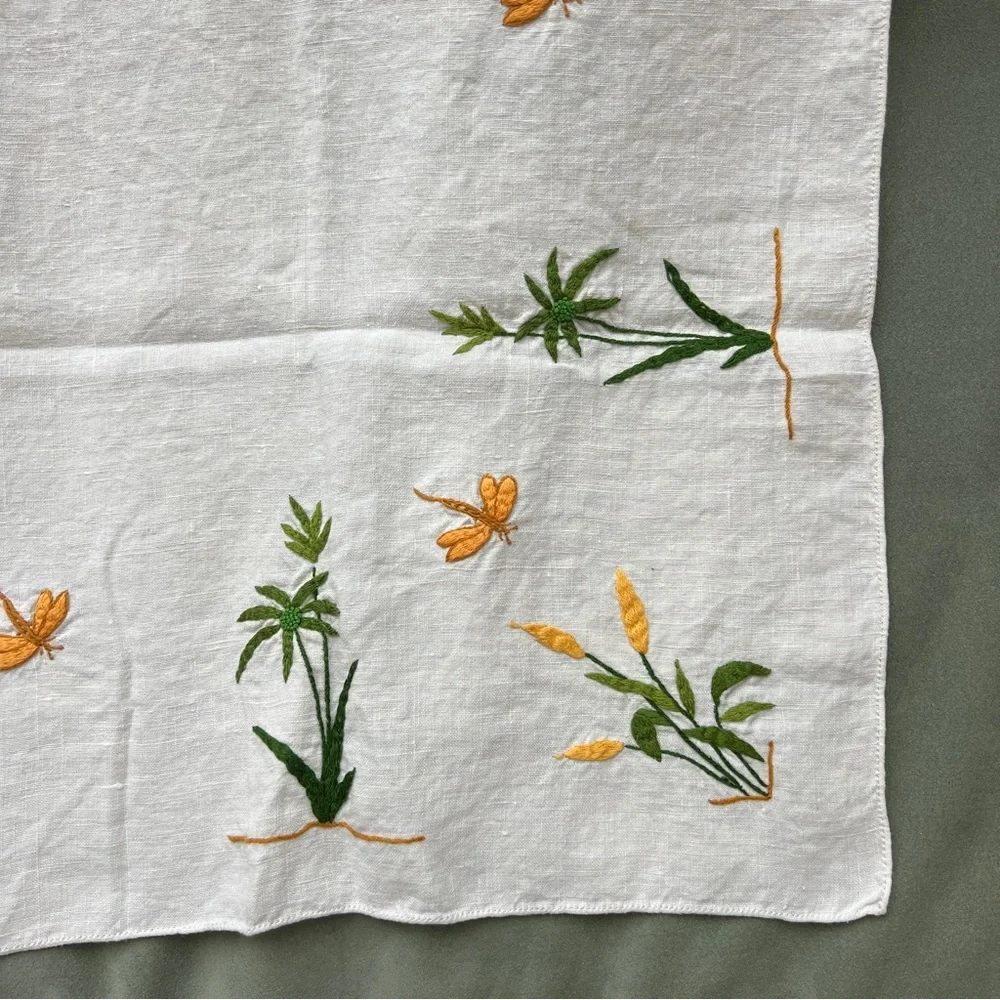 Vintage hand embroidered white linen tablecloth plants dragonflies green gold